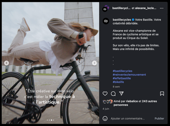 Alexane Leclerc dans la campagne Bastille Cycles — Crédit : @bastillecycles